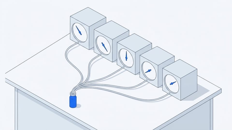 One sample vial on a bench, connected by five tubes to five identical instrument boxes, whose five needles point in five different directions on blank dials.