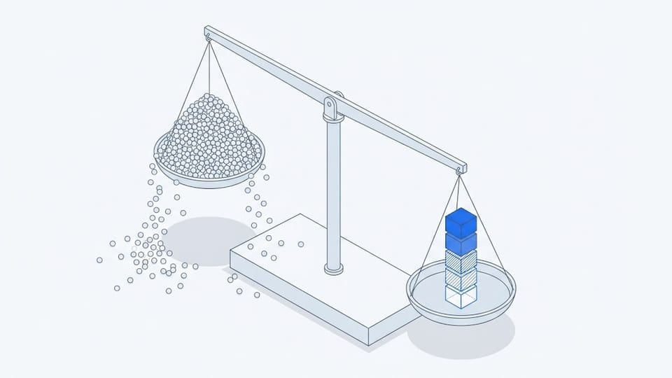 A beam balance: one pan heaped with hundreds of small hollow particles spilling over its rim, the other holding a short stack of solid blocks, and the beam tipped down towards the blocks.