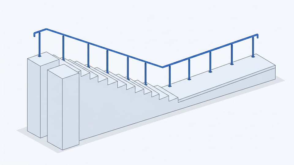 A staircase descending steeply at first, each step shallower than the last, until it flattens into a long level walkway; a handrail follows the same profile.