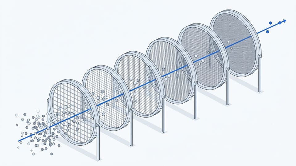 Six sieve screens standing in a row, each with a finer mesh than the one before; a dense cloud of small particles enters the first and only three particles continue past the sixth.