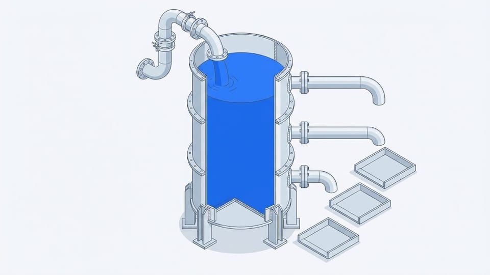 A cutaway cylindrical tank filled to the brim with blue liquid from an inlet pipe, while three outlet pipes on the far side run dry above three empty trays.