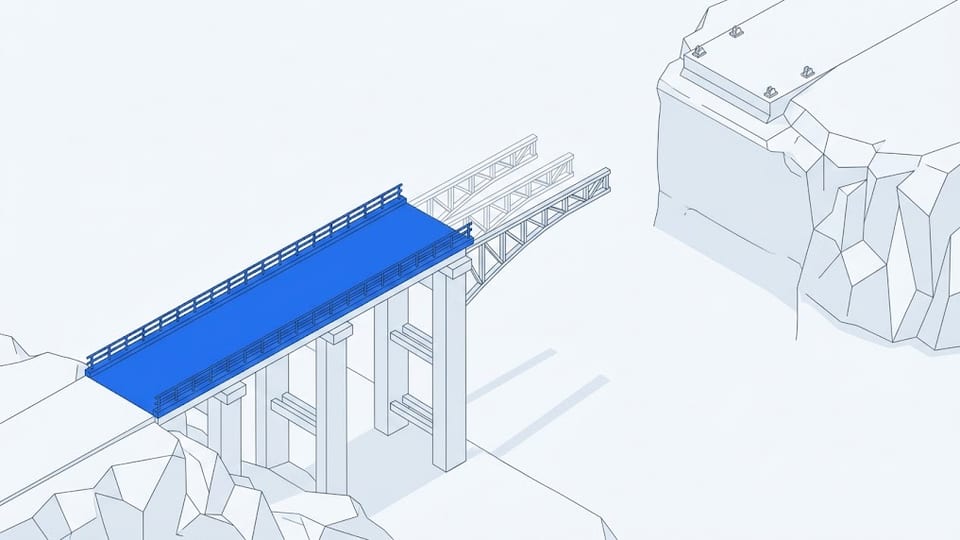 A bridge built solidly out from the near bank, ending in open cantilever girders that stop in mid-air over a wide gap; the far bank has a prepared landing that nothing reaches.