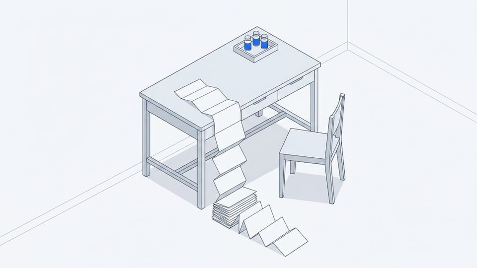 A desk with a long concertina printout spilling over its edge and folding onto the floor, every page blank, beside an empty chair and a tray of sample vials.