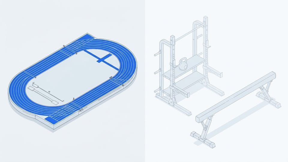 A composition split in two: a fully drawn running track on the left, and on the right a weight rack holding a kettlebell beside a balance beam, drawn in pale unfinished outline.