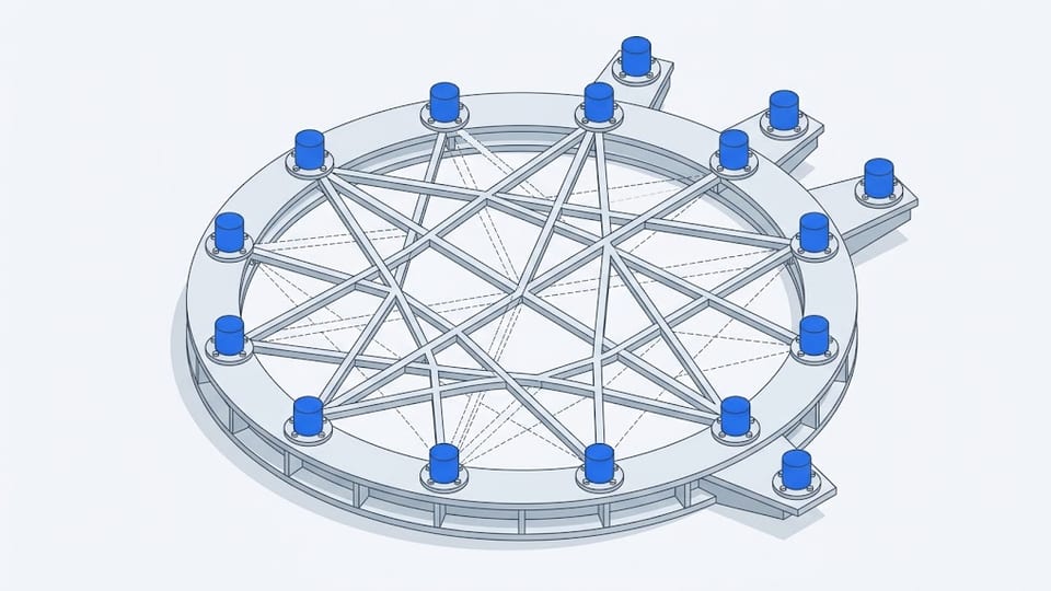 A circular platform carrying cylindrical nodes around its rim, linked across the middle by solid rods and by thin dashed lines; several nodes sit outside the ring on separate bases.