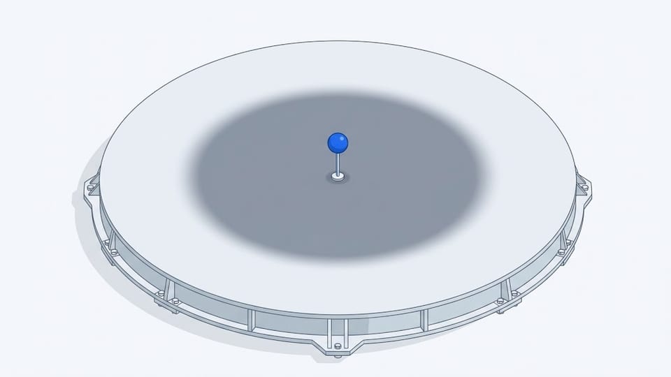 A large circular platform with one small, perfectly sharp sphere on a pin at its exact centre, surrounded by a far wider circle with soft, indistinct edges.