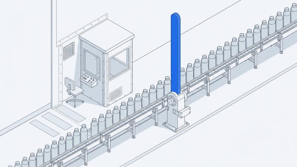 A checkpoint barrier raised fully vertical beside an empty control booth with its chair pushed back, while a conveyor carries an unbroken line of unlabelled bottles straight through.